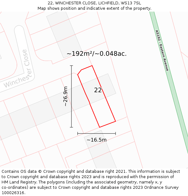 22, WINCHESTER CLOSE, LICHFIELD, WS13 7SL: Plot and title map
