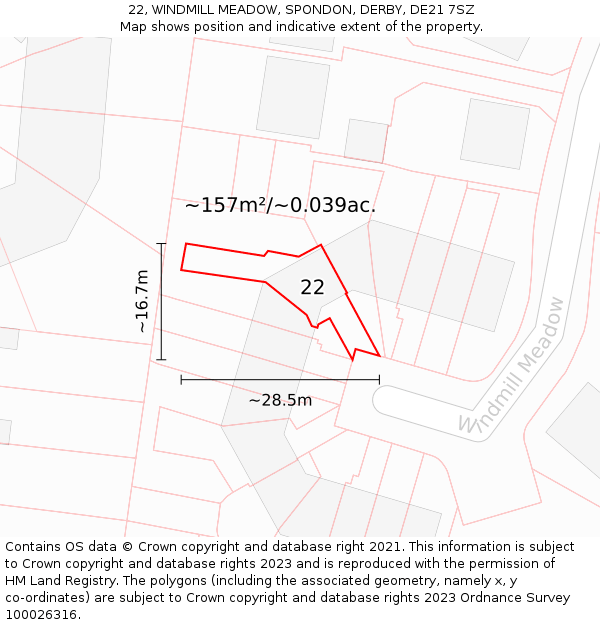 22, WINDMILL MEADOW, SPONDON, DERBY, DE21 7SZ: Plot and title map