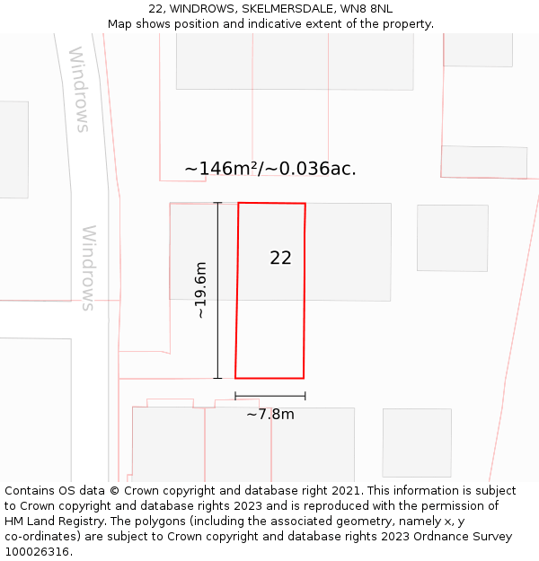 22, WINDROWS, SKELMERSDALE, WN8 8NL: Plot and title map