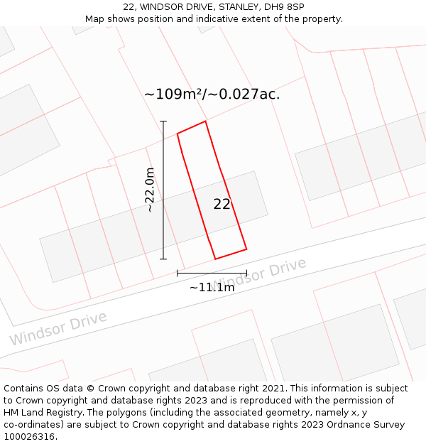 22, WINDSOR DRIVE, STANLEY, DH9 8SP: Plot and title map