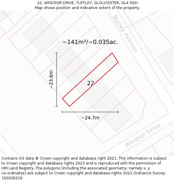 22, WINDSOR DRIVE, TUFFLEY, GLOUCESTER, GL4 0QH: Plot and title map