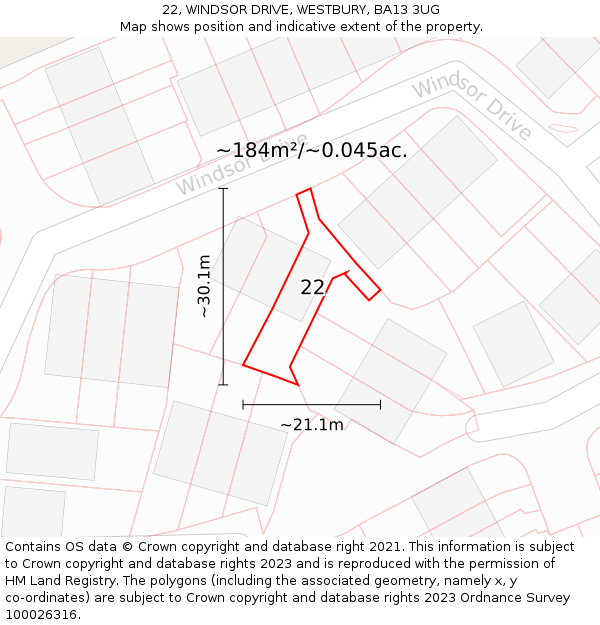 22, WINDSOR DRIVE, WESTBURY, BA13 3UG: Plot and title map