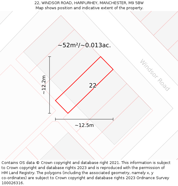 22, WINDSOR ROAD, HARPURHEY, MANCHESTER, M9 5BW: Plot and title map