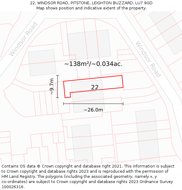 22, WINDSOR ROAD, PITSTONE, LEIGHTON BUZZARD, LU7 9GD: Plot and title map