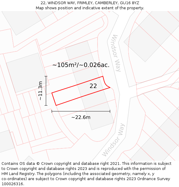 22, WINDSOR WAY, FRIMLEY, CAMBERLEY, GU16 8YZ: Plot and title map