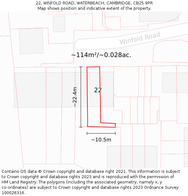 22, WINFOLD ROAD, WATERBEACH, CAMBRIDGE, CB25 9PR: Plot and title map
