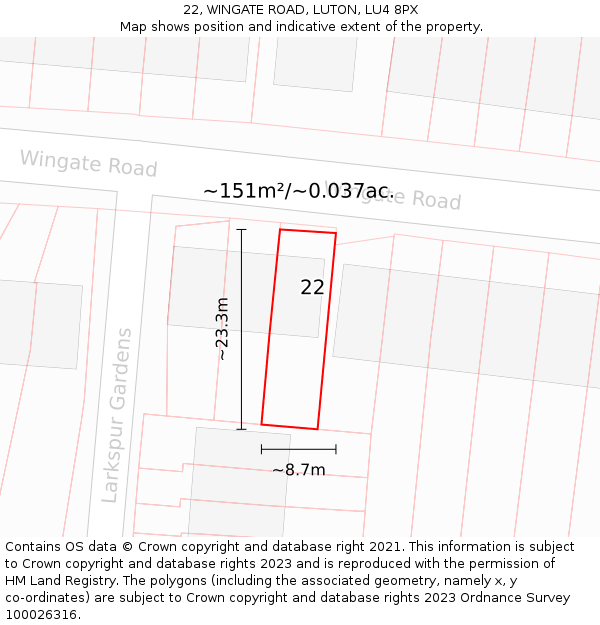 22, WINGATE ROAD, LUTON, LU4 8PX: Plot and title map