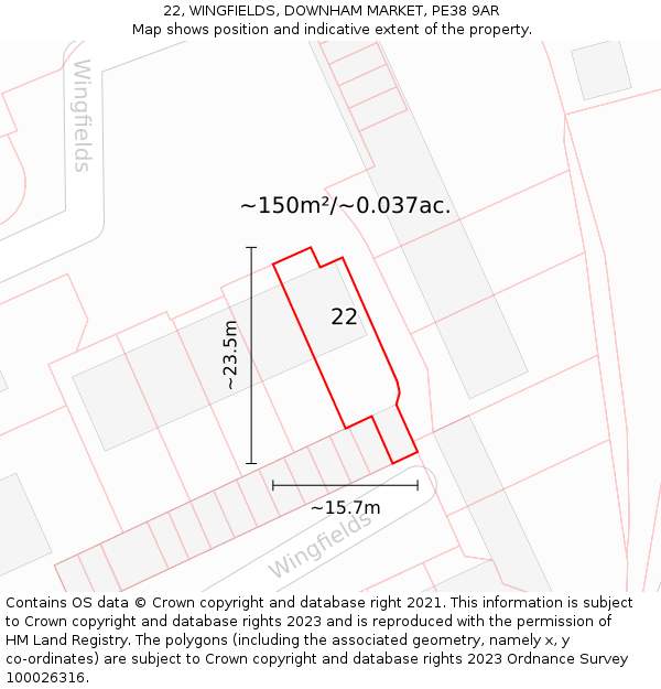 22, WINGFIELDS, DOWNHAM MARKET, PE38 9AR: Plot and title map