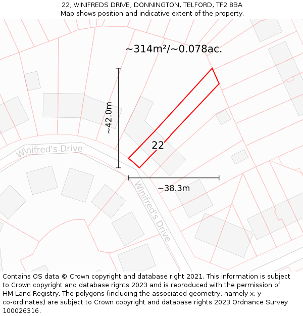22, WINIFREDS DRIVE, DONNINGTON, TELFORD, TF2 8BA: Plot and title map