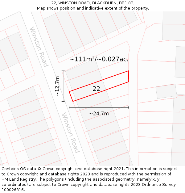 22, WINSTON ROAD, BLACKBURN, BB1 8BJ: Plot and title map