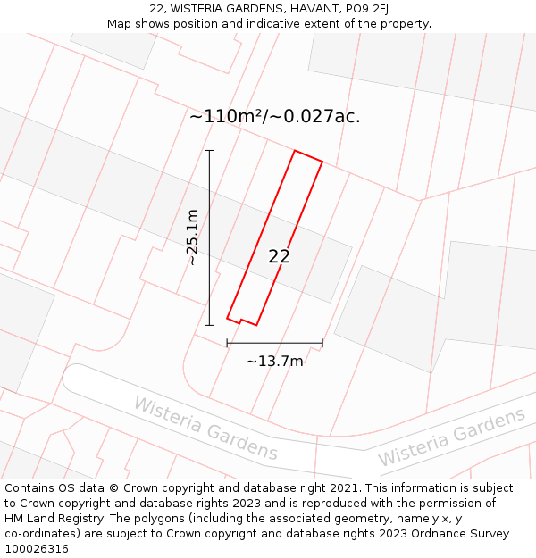22, WISTERIA GARDENS, HAVANT, PO9 2FJ: Plot and title map