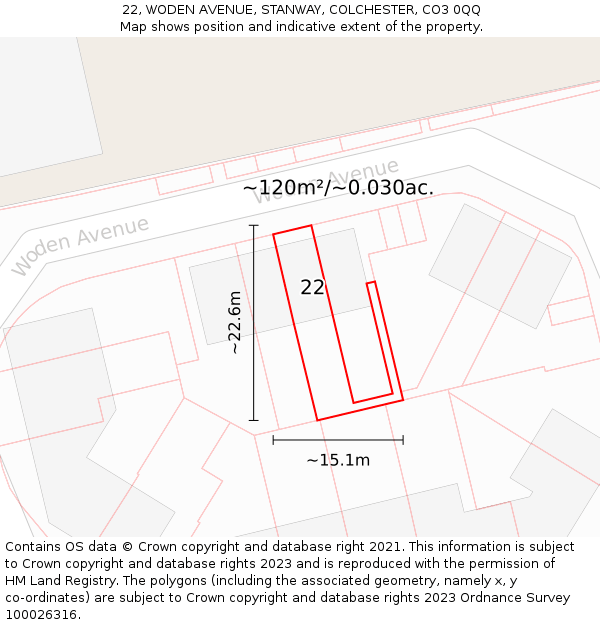 22, WODEN AVENUE, STANWAY, COLCHESTER, CO3 0QQ: Plot and title map