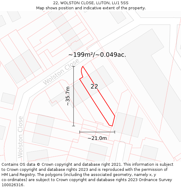 22, WOLSTON CLOSE, LUTON, LU1 5SS: Plot and title map