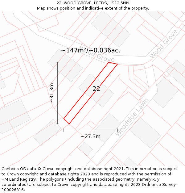 22, WOOD GROVE, LEEDS, LS12 5NN: Plot and title map