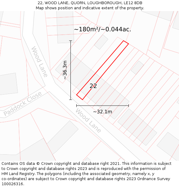 22, WOOD LANE, QUORN, LOUGHBOROUGH, LE12 8DB: Plot and title map