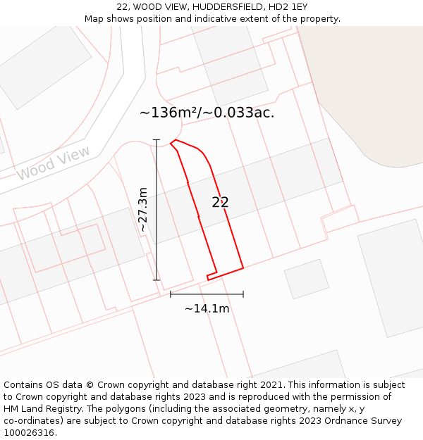 22, WOOD VIEW, HUDDERSFIELD, HD2 1EY: Plot and title map