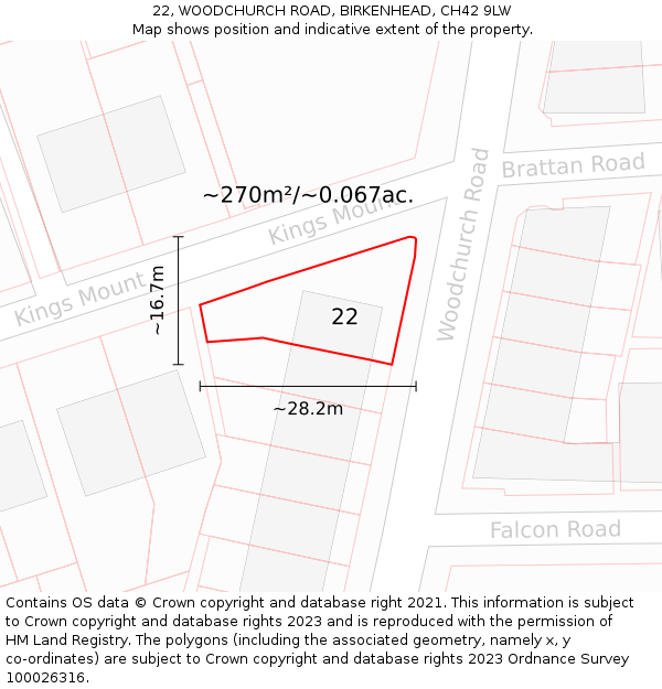 22, WOODCHURCH ROAD, BIRKENHEAD, CH42 9LW: Plot and title map