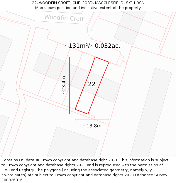 22, WOODFIN CROFT, CHELFORD, MACCLESFIELD, SK11 9SN: Plot and title map