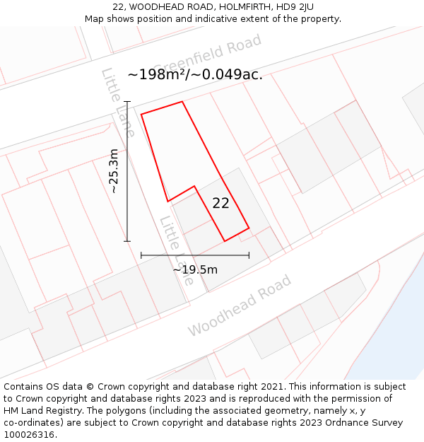 22, WOODHEAD ROAD, HOLMFIRTH, HD9 2JU: Plot and title map