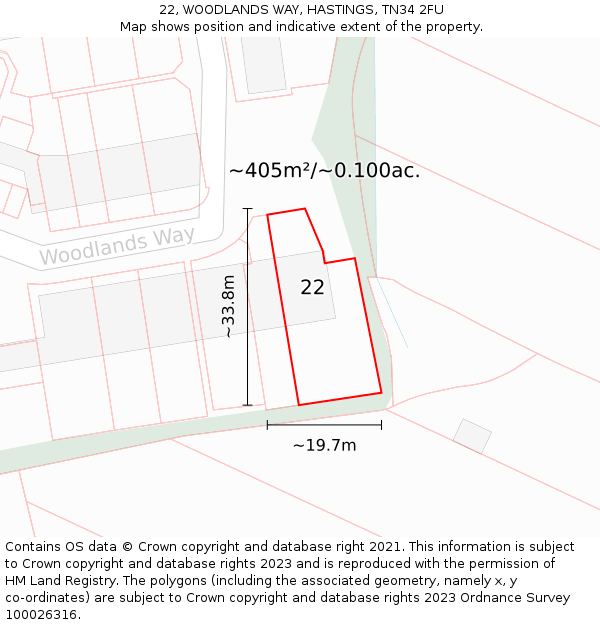 22, WOODLANDS WAY, HASTINGS, TN34 2FU: Plot and title map