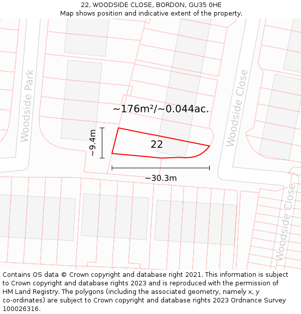 22, WOODSIDE CLOSE, BORDON, GU35 0HE: Plot and title map