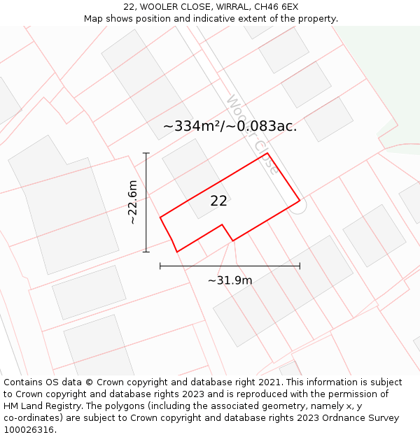 22, WOOLER CLOSE, WIRRAL, CH46 6EX: Plot and title map