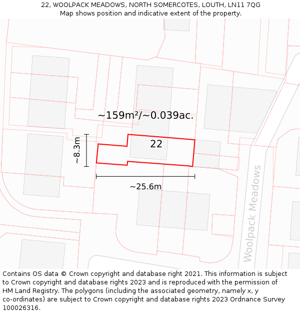 22, WOOLPACK MEADOWS, NORTH SOMERCOTES, LOUTH, LN11 7QG: Plot and title map