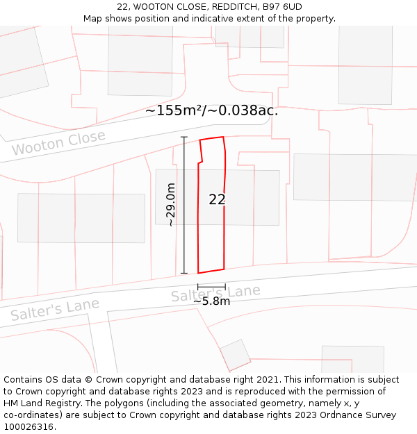22, WOOTON CLOSE, REDDITCH, B97 6UD: Plot and title map