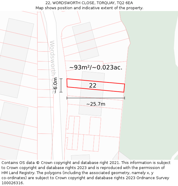 22, WORDSWORTH CLOSE, TORQUAY, TQ2 6EA: Plot and title map