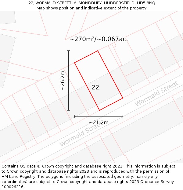 22, WORMALD STREET, ALMONDBURY, HUDDERSFIELD, HD5 8NQ: Plot and title map