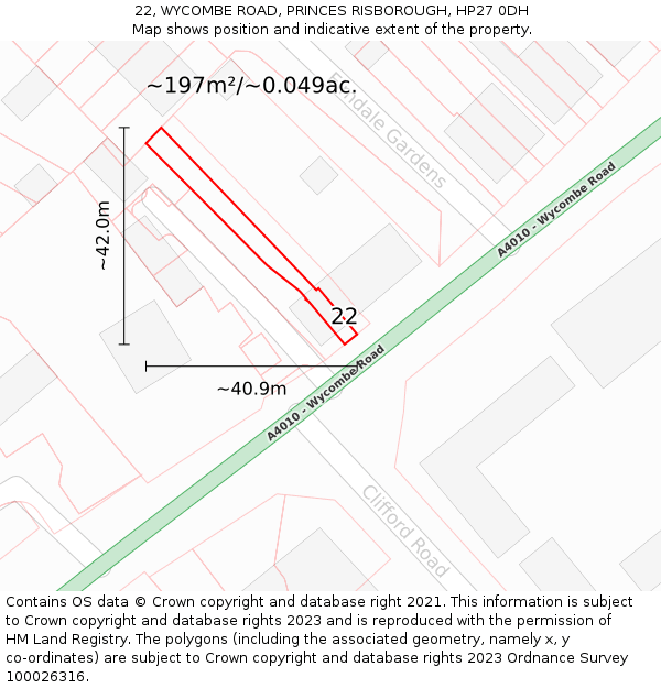 22, WYCOMBE ROAD, PRINCES RISBOROUGH, HP27 0DH: Plot and title map
