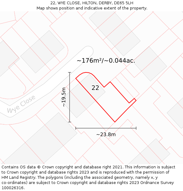 22, WYE CLOSE, HILTON, DERBY, DE65 5LH: Plot and title map