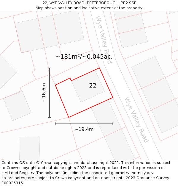22, WYE VALLEY ROAD, PETERBOROUGH, PE2 9SP: Plot and title map
