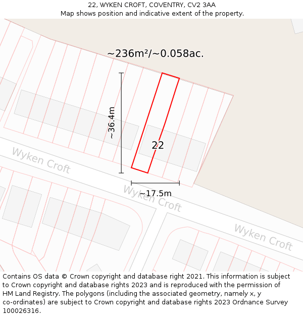 22, WYKEN CROFT, COVENTRY, CV2 3AA: Plot and title map