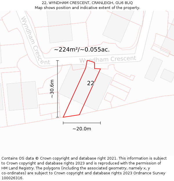 22, WYNDHAM CRESCENT, CRANLEIGH, GU6 8UQ: Plot and title map