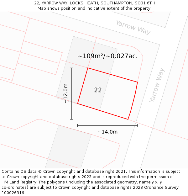22, YARROW WAY, LOCKS HEATH, SOUTHAMPTON, SO31 6TH: Plot and title map