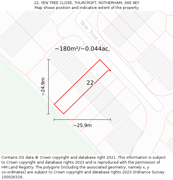 22, YEW TREE CLOSE, THURCROFT, ROTHERHAM, S66 9EY: Plot and title map