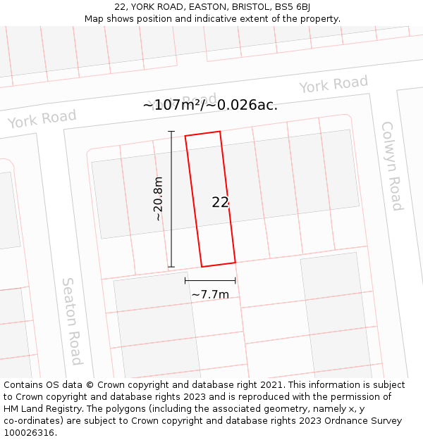 22, YORK ROAD, EASTON, BRISTOL, BS5 6BJ: Plot and title map