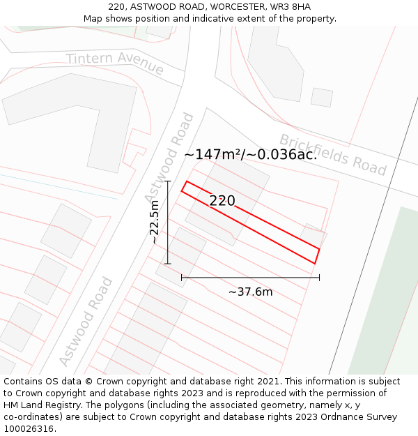 220, ASTWOOD ROAD, WORCESTER, WR3 8HA: Plot and title map