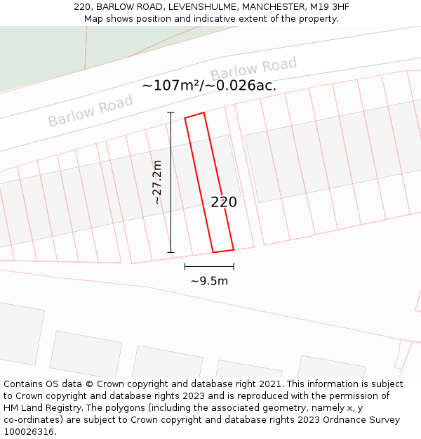 220, BARLOW ROAD, LEVENSHULME, MANCHESTER, M19 3HF: Plot and title map