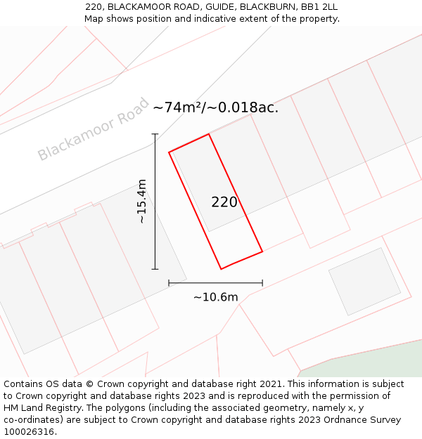 220, BLACKAMOOR ROAD, GUIDE, BLACKBURN, BB1 2LL: Plot and title map