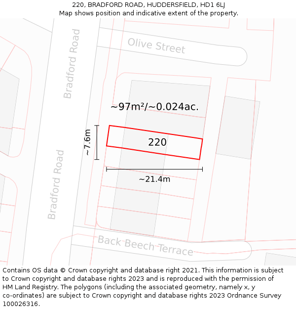 220, BRADFORD ROAD, HUDDERSFIELD, HD1 6LJ: Plot and title map
