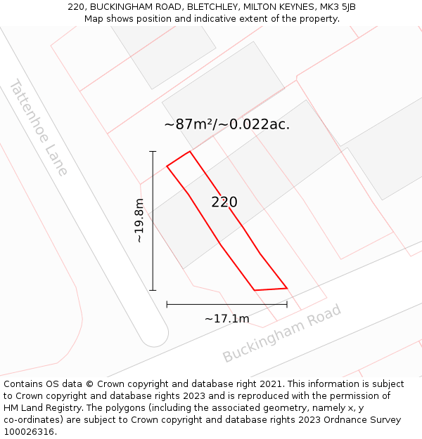 220, BUCKINGHAM ROAD, BLETCHLEY, MILTON KEYNES, MK3 5JB: Plot and title map