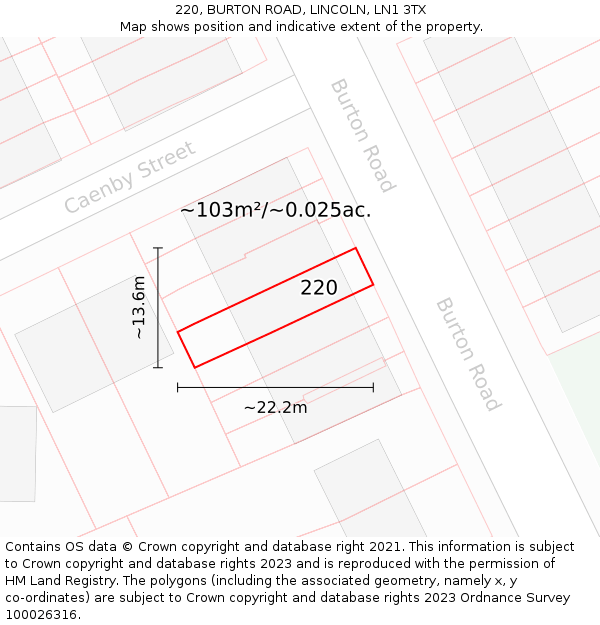220, BURTON ROAD, LINCOLN, LN1 3TX: Plot and title map