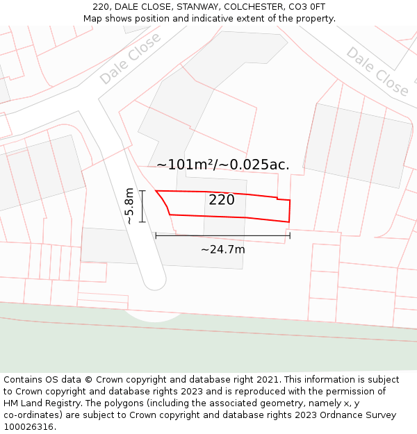 220, DALE CLOSE, STANWAY, COLCHESTER, CO3 0FT: Plot and title map