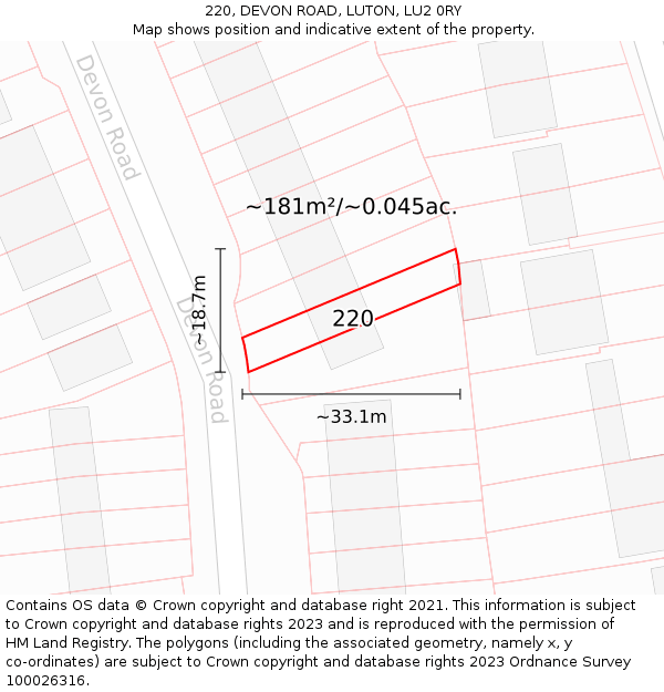 220, DEVON ROAD, LUTON, LU2 0RY: Plot and title map