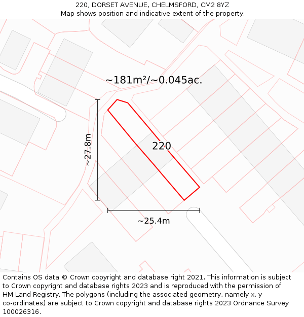 220, DORSET AVENUE, CHELMSFORD, CM2 8YZ: Plot and title map