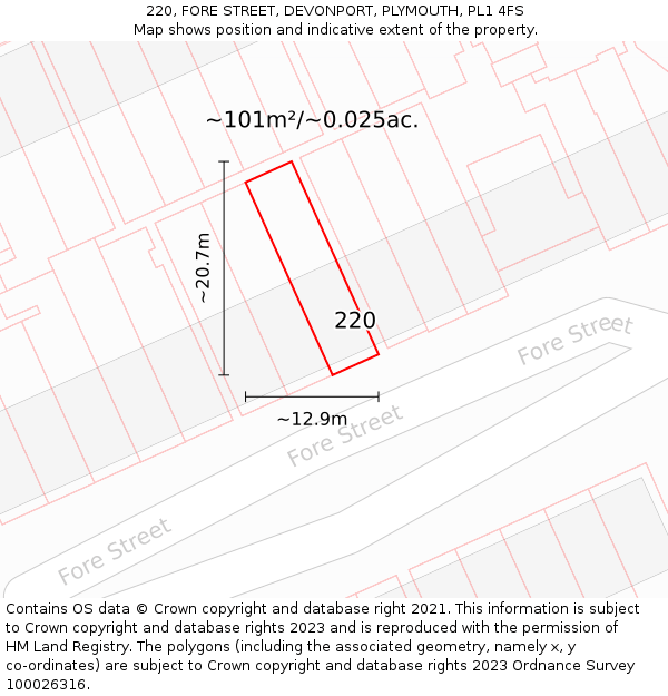 220, FORE STREET, DEVONPORT, PLYMOUTH, PL1 4FS: Plot and title map