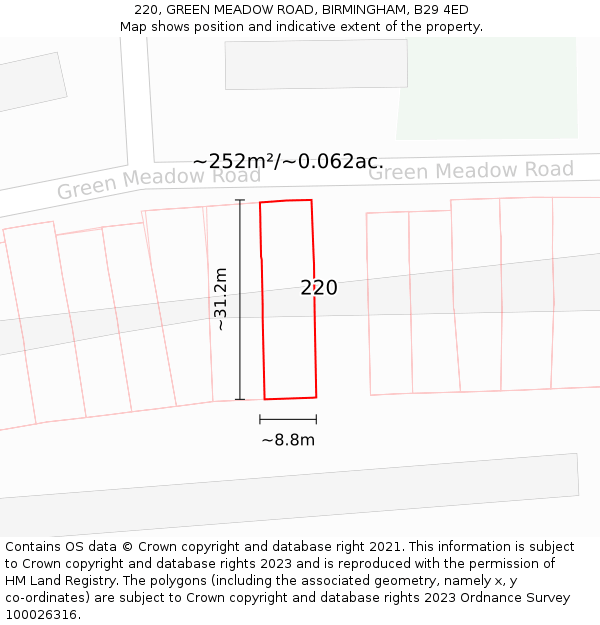 220, GREEN MEADOW ROAD, BIRMINGHAM, B29 4ED: Plot and title map