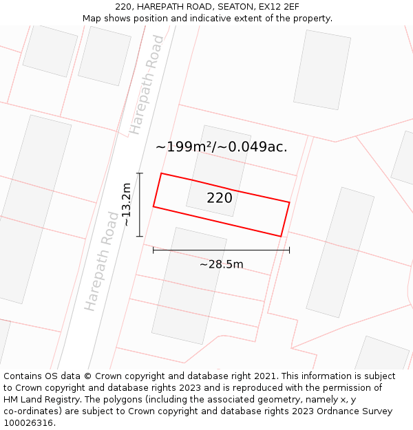 220, HAREPATH ROAD, SEATON, EX12 2EF: Plot and title map